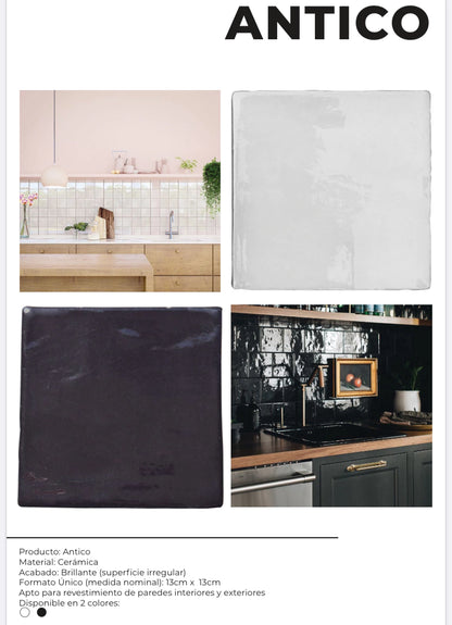 Antico Azulejo Negro Brillante 13 X13 - Acuelera ( X CAJA de 0,5 m2) - 1era